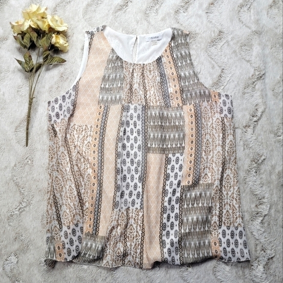 ✨️CL Calvin Klein Peach Beige Black Patch Print Sleeveless Blouse Size XL - Picture 1 of 10